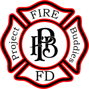 A logo with text "project fire buddies" arranged around a central emblem with the letters "fb" interlinked, flanked by "fd" and set against a green background.