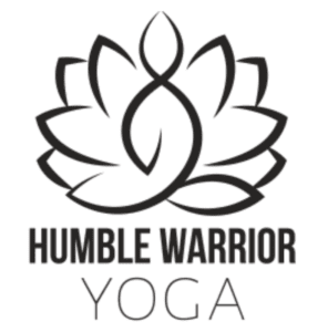 Humble Warrior Yoga of Naperville Black and white logo with a stylized lotus flower above the words "Humble Warrior Yoga" in uppercase and lowercase letters.