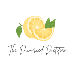 Two lemon slices with green leaves above the words "The Divorced Dietitian" in cursive font on a white background.