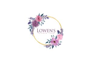 A gold circular frame decorated with pink and purple flowers surrounds the text "Lowen's Flower Farm" in the center.