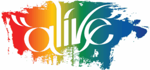 The word "alive" in stylized white font over a rainbow-colored paint brushstroke background.