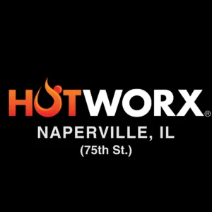 HOTWORX Naperville, IL (75th St.) logo with "HOT" in orange-red gradient and flame icon, "WORX" in white, on a black background.