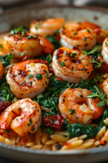 Orzo with Tomato Basil Sauce, Zucchini, and Grilled Shrimp