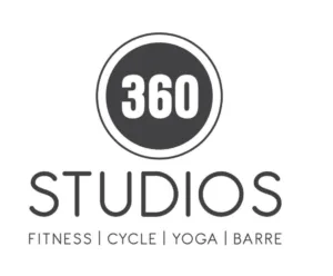 Logo for “360 Studios” with text below listing “Fitness,” “Cycle,” “Yoga,” and “Barre.” The number “360” is in a dark circle above the main text.